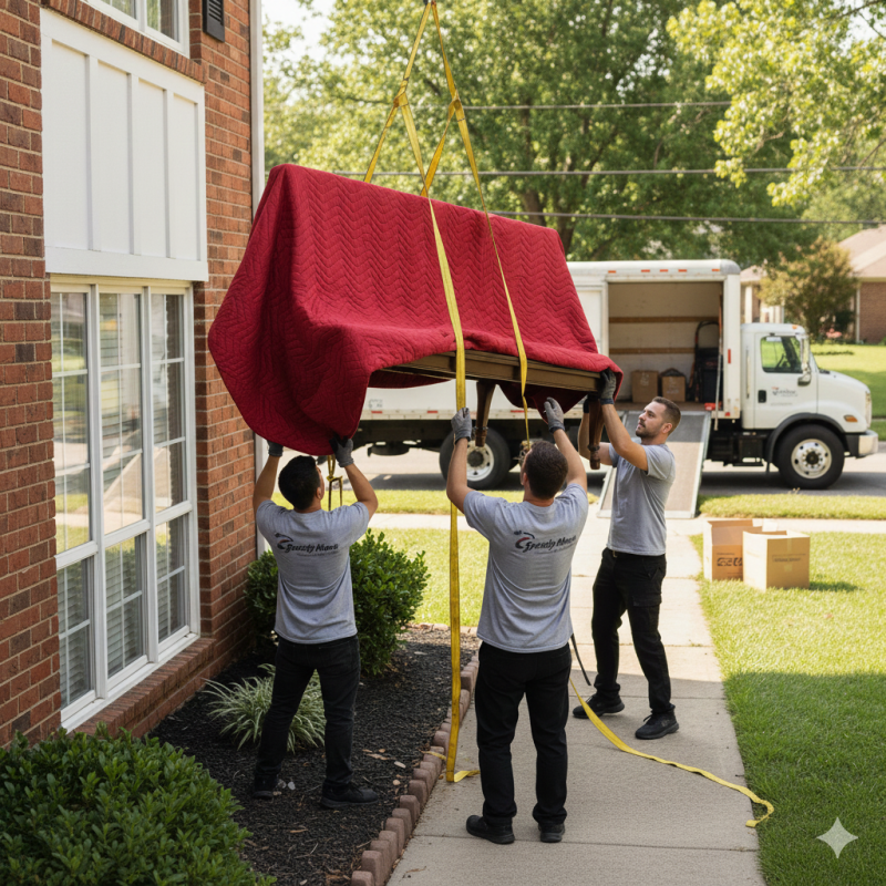 Professional movers lifting a sofa safely during a local house move