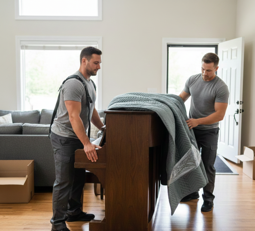 Can Moving Damage Your Piano? What You Need to Know 2 Professional movers carefully protecting and transporting a piano during a home move.