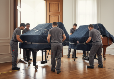 Professional movers safely transporting upright and grand pianos.

